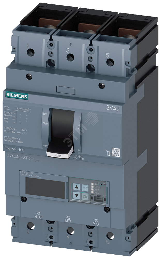 Выключатель в литом корпусе 3VA2 IEC типоразмер 400 класс отключающей способности M ICU=55кА 415В 3P ETU850 LSI IN=400A