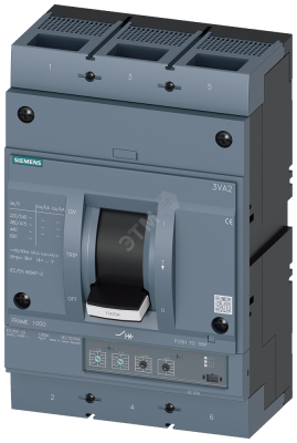 CIRCUIT BREAKER 3VA2 IEC FRAME 1000 BREAKING CAPACITY CLASS H Icu=85kA @ 415V 3-POLE, LINE PROTECTION ETU350, LSI, IN=800A OVERLOAD PROTECTION IR=320A ...800A SHORT CIRCUIT PROTECTION ISD=1,5... 10 X IR, II=12 X IN BUSBAR CONNECTION SHUNT TRIP (