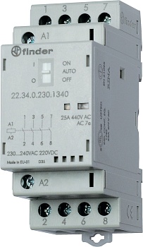 Контактор модульный 3NO+1NC 25А контакты AgSnO2 катушка 12В АС/DC 35мм IP20 переключатель Авто-Вкл-Выкл+механический индикатор/LED (1шт) (22.34.0.012.4740PAS)