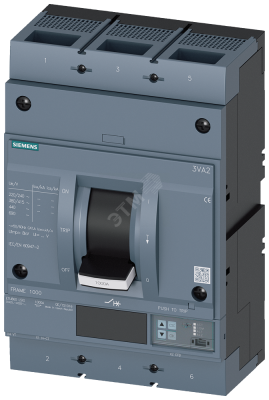 CIRCUIT BREAKER 3VA2 IEC FRAME 1000 BREAKING CAPACITY CLASS M ICU=55KA @ 415 V 3-POLE, LINE PROTECTION ETU860, LSIG, IN=1000A OVERLOAD PROTECTION IR=400A ...1000A SHORT CIRCUIT PROTECTION ISD=0,6..10X IN, II=1,5..10X IN NEUTRAL PROTECTION OPTION